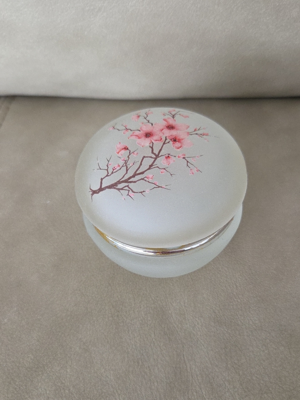 Decorative Frosted Glass Jewelry Box with Pink Blossom Design